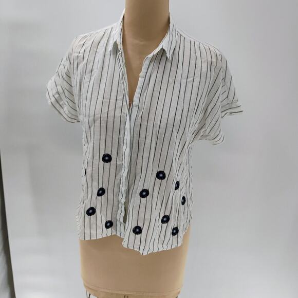 Sz S Madewell Striped Embroidered Button Up Blouse Top Short Sleeve white - Picture 3 of 16